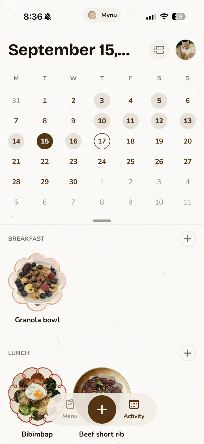 Calendar view — dishes for each meal of the day