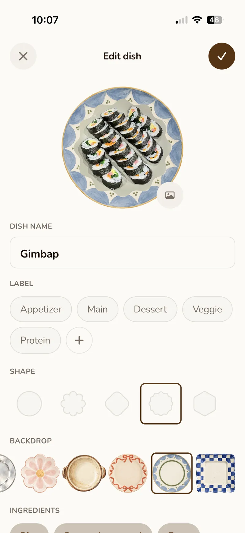 Edit a dish — photo, name, label, shape and backdrop