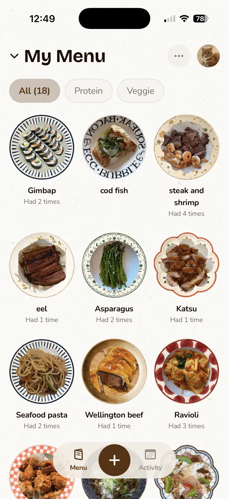 Mynu's My Menu screen: home-cooked dishes such as gimbap, eel and ravioli on ceramic plates, each showing how many times it was made