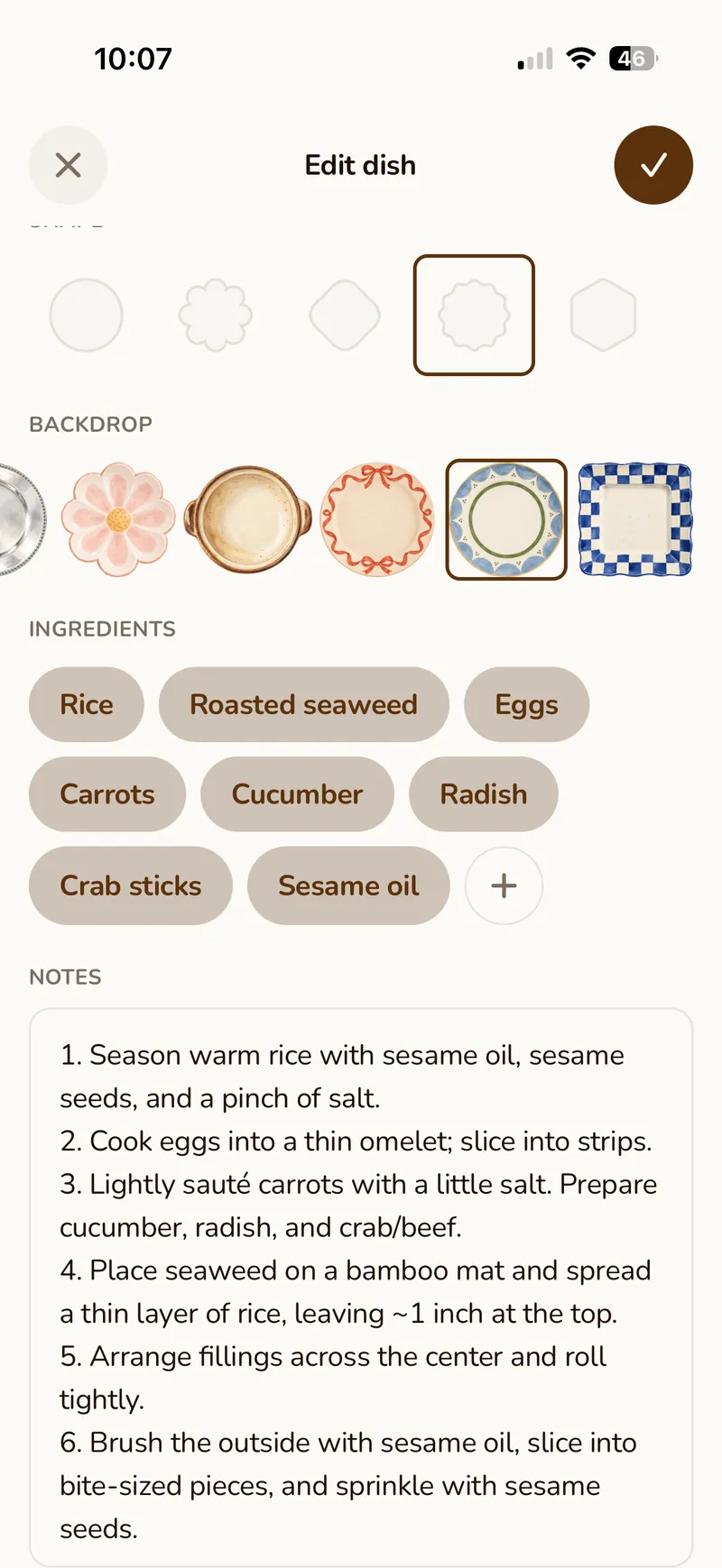 Editing gimbap in Mynu: ingredient tags such as rice, roasted seaweed and eggs, and a step-by-step recipe in the notes